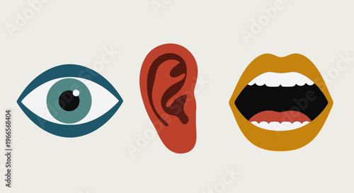 Illustration of eye, ear, and mouth in colorful graphic style