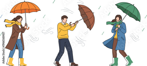 People Walking in Windy and Rainy Weather Vector Illustration Set Featuring Characters with Umbrellas Wearing Seasonal Coats and Boots During Autumn Storm