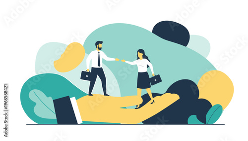 Business people shaking hands on a giant hand illustration.