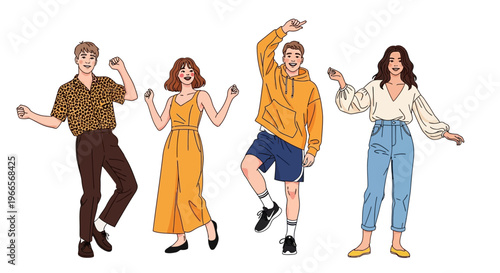 Four people dancing together outdoors in casual clothes in tybvplk style