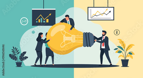 Teamwork and Innovation Concept with a Giant Light Bulb.