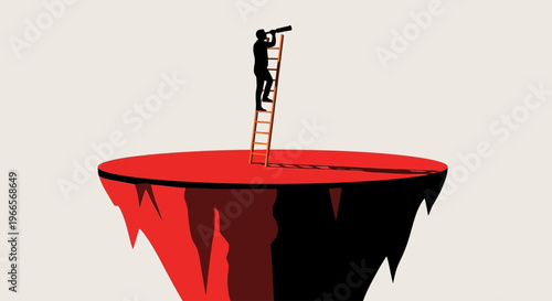 Person on ladder standing on red cliff edge looking out