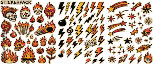 Fire, flame, lightning and star brush vector. Grafitti hand drawn bolt fire star scribble doodle Illustration. Chalk background, music collage. Marker crayon brush Sketch icon. Flame and lightning bg