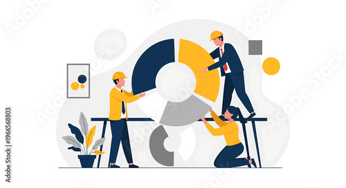Teamwork assembling a pie chart for business strategy and planning.