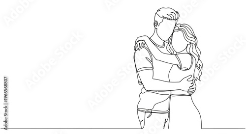 A tender moment as a man lovingly embraces a woman in a simple line drawing.