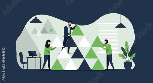 Teamwork building geometric structure with triangles for business success.