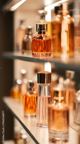 Premium perfume bottles displayed on glass boutique shelves, warm amber light beautifully illuminating each elegant flacon across luxury fragrance collection.