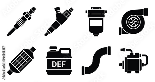 Diesel engine components set with fuel injector glow plug turbocharger and exhaust pipe icons black