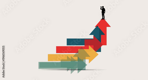 Person standing on colorful ascending arrows achieving success