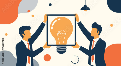 Two businessmen holding a bright idea lightbulb illustration.