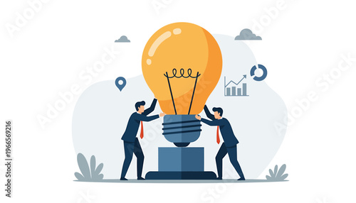 Two businessmen holding a giant glowing light bulb symbolizing innovation and ideas.