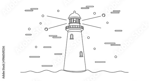 A serene illustration of a lighthouse standing tall amidst a stormy sea and night sky with tybvplk elements.
