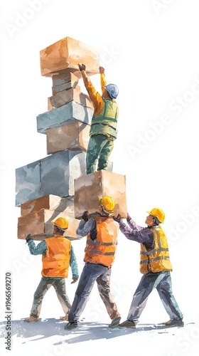 Four construction workers in safety gear carefully stacking large stone blocks into a tall, precarious tower.