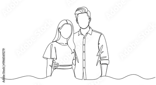 Continuous line drawing of a young couple standing together in simple style