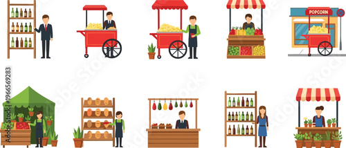 Street Food and Local Business Market Set Featuring Popcorn Cart Plant Nursery Wine Shop Bakery Stall and Organic Vegetable Vendor with Professional Shopkeepers