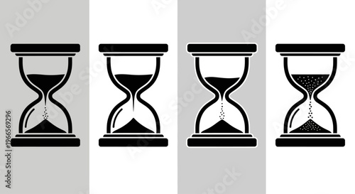 Four hourglass icons are shown side by side on gray and white backgrounds