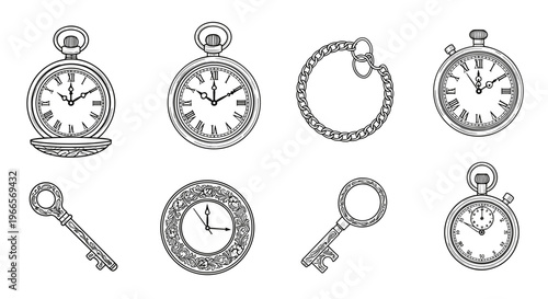 Collection of vintage pocket watches, chain, and ornate keys in black and white illustration