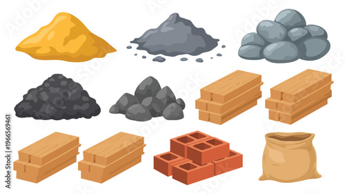 Construction materials vector set, includes wood planks and cement on white background for building, architecture, engineering, renovation, and industrial construction design applications.