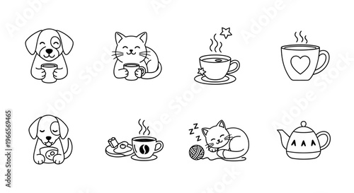 Cute cartoon animals and beverages in simple line art style