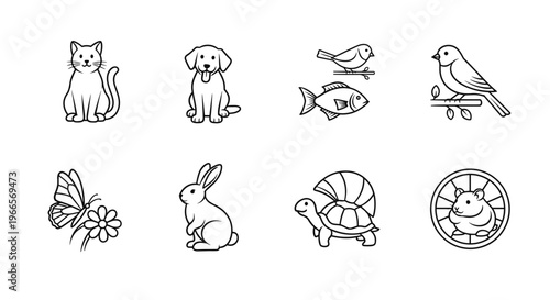 Collection of cute line art icons featuring various domestic and wild animals
