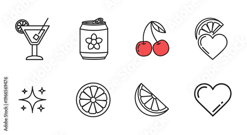 Collection of simple line art icons representing drinks, fruits, and hearts
