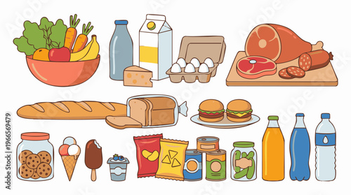 Diverse collection of common food and drink items on white background