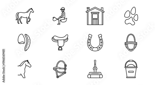 Collection of equestrian and farm-related line art icons for design
