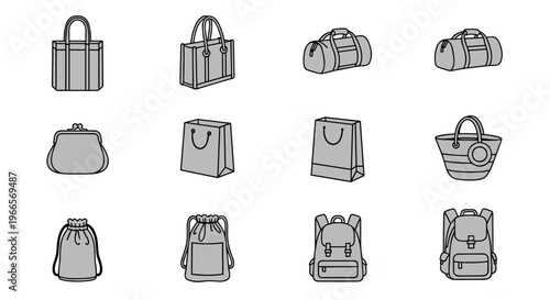 Collection of diverse bag icons and illustrations in a clean, modern style