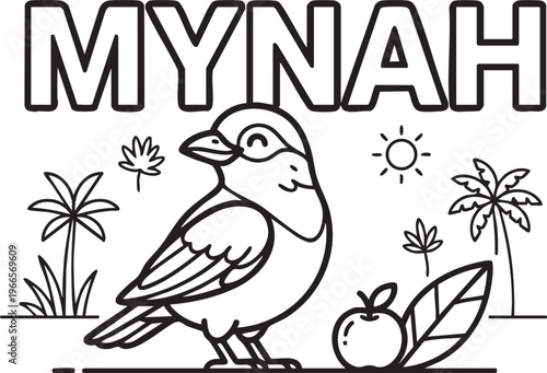 Black and white outline of a cute cartoon mynah bird with palm trees and an apple Keywords