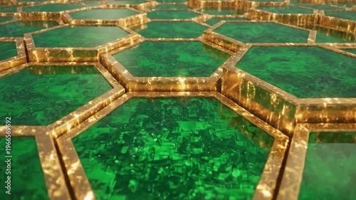 A repeating pattern of hexagonal geometric shapes with a textured green surface and a metallic gold border, creating an abstract background