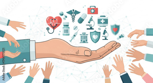 Healthcare and medical support concept with hand and icons vector illustration