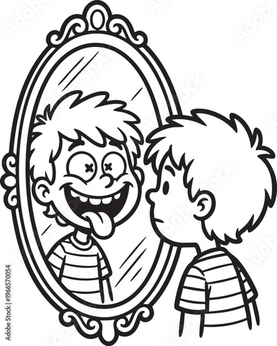 Cartoon boy with messy hair making a funny face at his reflection in an ornate oval mirror