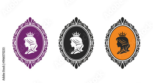 Three ornate profile portraits of women with crowns in purple, black, and orange frames