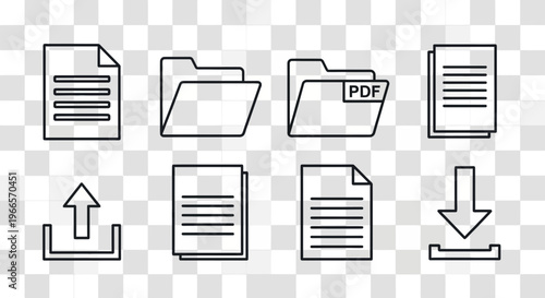 Essential Digital File Management Line Icons Set for Cloud Storage, Data Organization, and Document Transfer Across Various Platforms