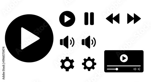 Collection of Playback and Media Controls Icons including Play, Pause, Rewind, Fast Forward, Volume, Settings, and Video Player Interface