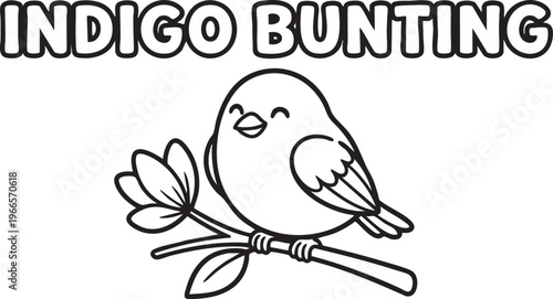 Cute cartoon indigo bunting bird with closed eyes sitting on a branch with flowers and leaves