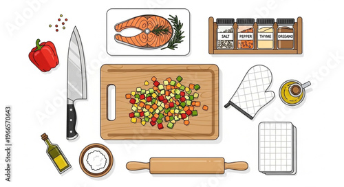 Culinary Still Life - Fresh Ingredients and Kitchen Utensils.