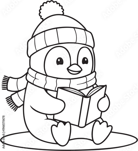Cute cartoon penguin wearing a winter hat and scarf reading a book on a snowy surface