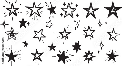 Star Vector Illustration:, star silhouette vector illustration featuring a diverse collection of stars and star like shapes,showcases solid, outlined, and dotted stars