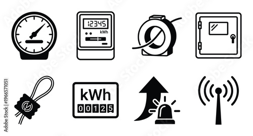 Electrical energy measurement icons showing smart meters consumption monitoring and utility devices