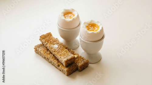 Soft-boiled eggs in cups with toast soldiers on a white background  