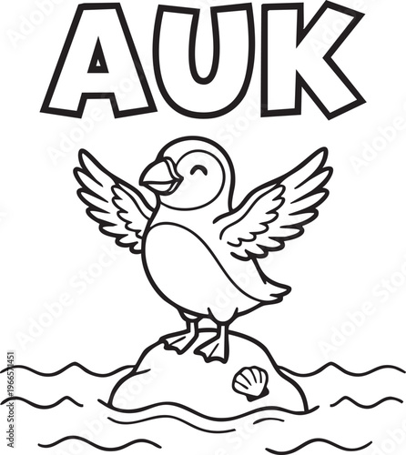 Happy cartoon puffin bird standing on a rock in the ocean with wings spread and text AUK