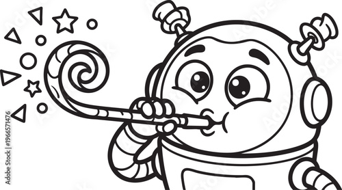 Happy cartoon robot blowing a party horn with confetti and stars exploding outwards