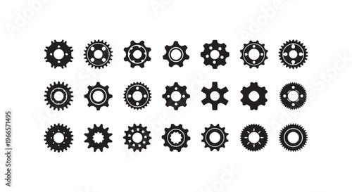A group of various gears are displayed in a series of rows on a white background