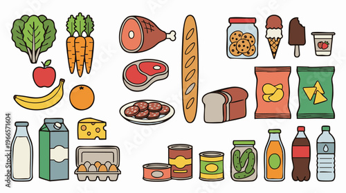 Set of cartoon style grocery food items on a white background