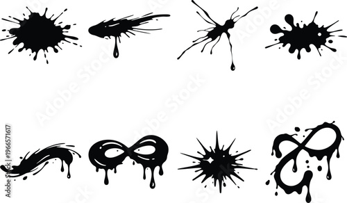 Abstract eight black ink splatters and stains forming organic shapes