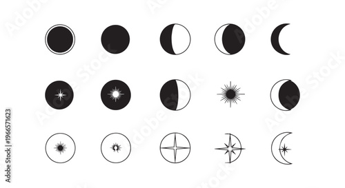 Phases of the moon illustration with various lunar cycles and symbols