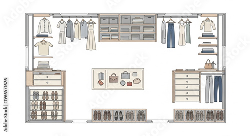 Organized Walk-In Closet Design with Clothes and Accessories.