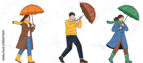 Vector Illustration Set of People Walking in Rain and Strong Wind Holding Umbrellas Wearing Seasonal Coats Scarves and Boots for Weather Forecast Concepts