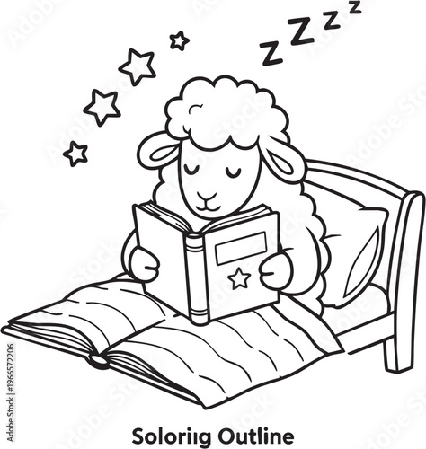Sheep in bed reading a book with stars and Zzzs above its head for sleep Keywords: sheep, bed